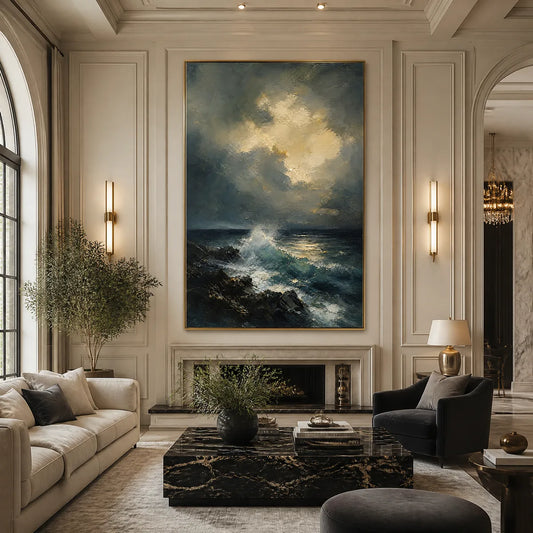 Storm Tide hand-painted soft grey and ocean blue textured ocean wave painting