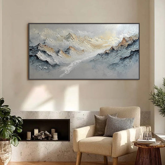 Summit's Whisper hand-painted white and soft grey textured abstract mountain painting shown as stretched canvas