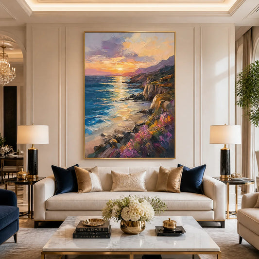 Sunset Cliffs hand-painted gold, burnt orange and slate blue textured mountain landscape painting