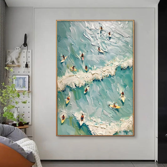 Surf's Up hand-painted ocean blue, ivory and soft neutral tones textured surfer ocean painting shown as stretched canvas