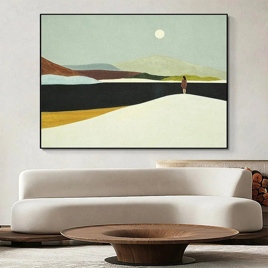 Solitary Figure hand-painted slate blue, ivory and soft grey textured abstract mountain painting shown as stretched canvas