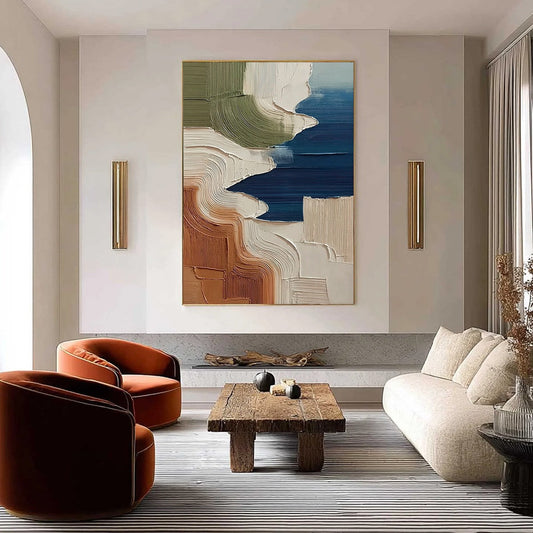 Terra E Mare hand-painted white, olive green and terracotta textured coastal landscape painting shown as stretched canvas