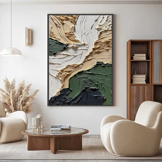 Terra Firma hand-painted beige, charcoal and sage green textured coastal landscape painting shown as stretched canvas