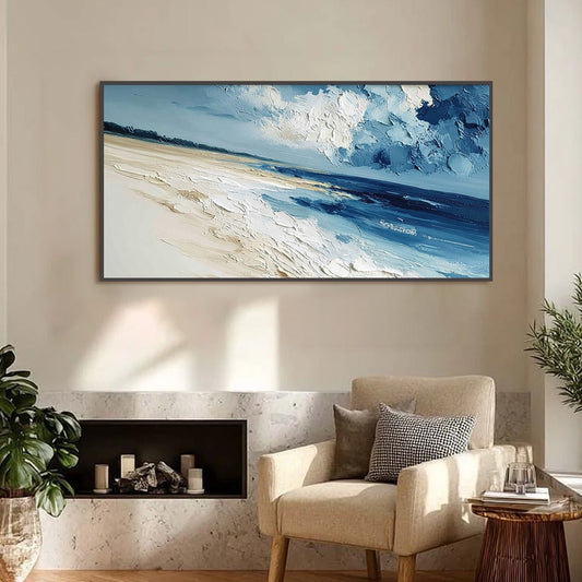 Tidal Whisper hand-painted sand and ivory textured seascape painting shown as stretched canvas