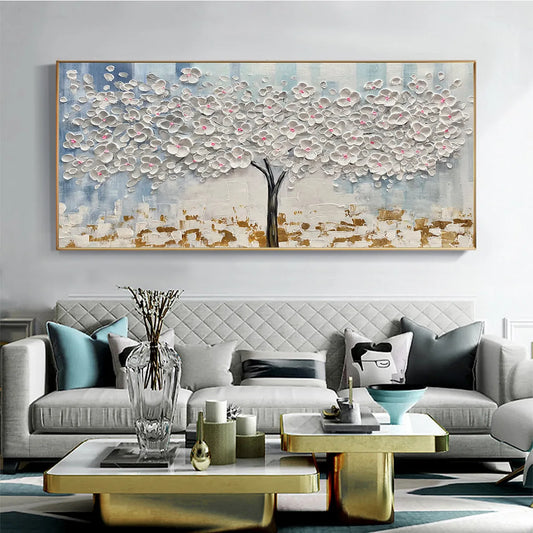 Blossom Dream hand-painted white, ocean blue, gold and pink textured blossom tree painting shown as stretched canvas