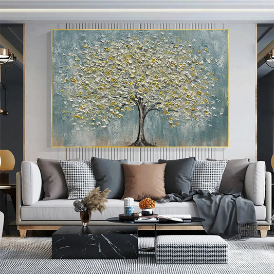 Golden Bloom hand-painted white and gold textured tree painting shown as stretched canvas