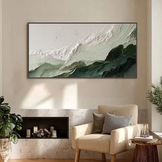 Verdant Ascent hand-painted white, emerald green and sage green textured coastal landscape painting shown as stretched canvas