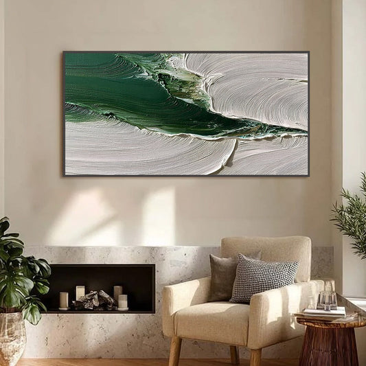 Verdant Rift hand-painted white and emerald green textured coastal landscape painting shown as stretched canvas