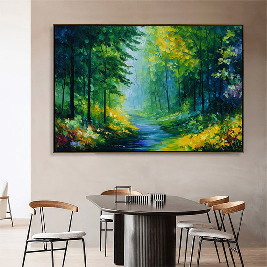 Verdant Whisper hand-painted ocean blue, green and yellow textured forest landscape painting shown as stretched canvas