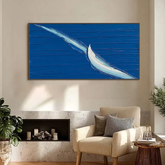 Voyage hand-painted ocean blue and ivory textured sailboat seascape painting shown as stretched canvas