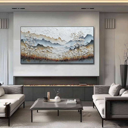 Whispering Meadow hand-painted white, beige and soft grey textured mountain meadow painting shown as stretched canvas