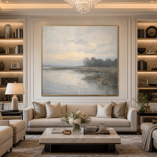 Whispering Reeds hand-painted beige and soft grey textured coastal landscape painting shown as stretched canvas