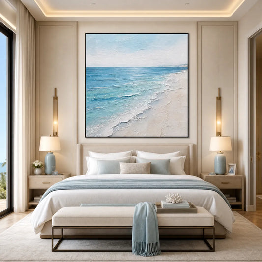 Whispering Tide hand-painted ocean blue, ivory and soft neutral tones textured beach scene painting shown as stretched canvas