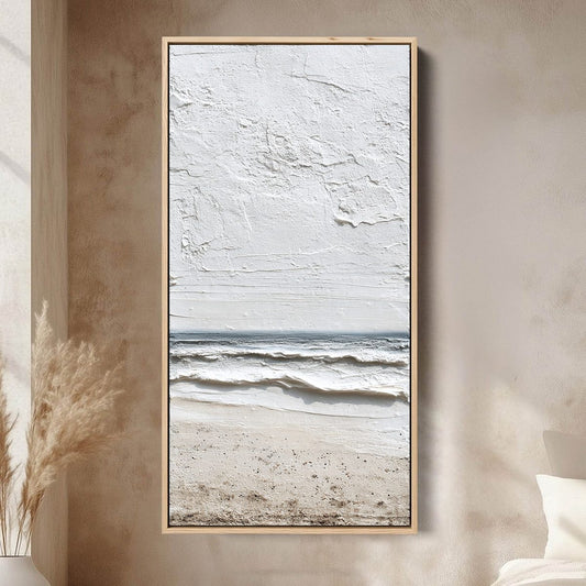 Whispering Tide hand-painted sand, soft grey and ocean blue textured beach scene painting shown as stretched canvas
