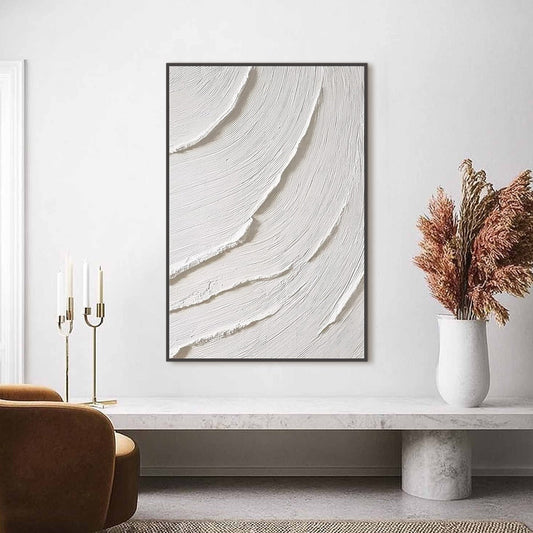 Whispering Waves hand-painted white and soft beige textured ocean wave painting shown as stretched canvas
