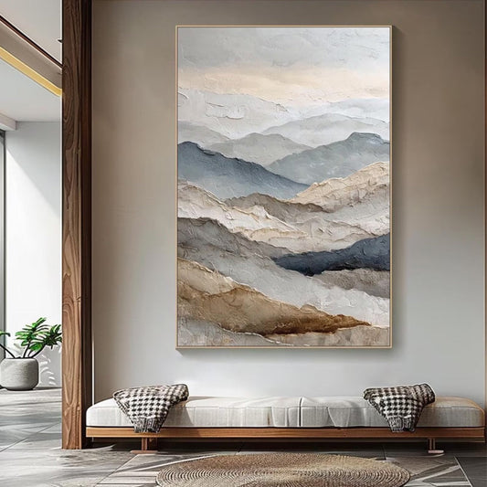 Whispering Ridges hand-painted slate blue, ivory and soft grey textured abstract mountain painting shown as stretched canvas