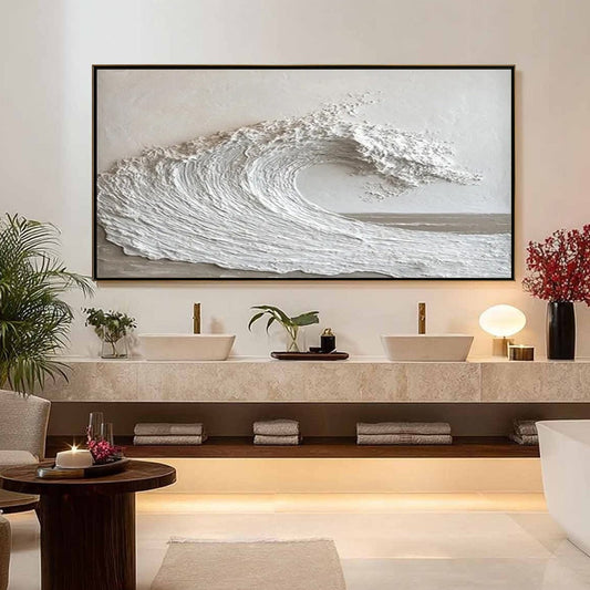 White Crest hand-painted white and soft beige textured ocean wave painting shown with gold frame
