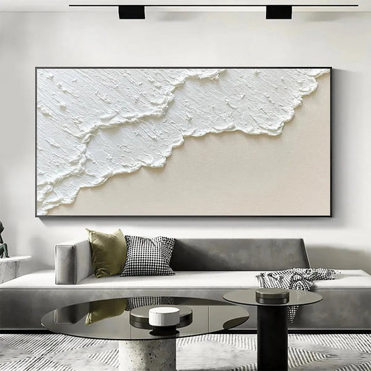 White Wave hand-painted white and beige textured ocean wave painting shown as stretched canvas