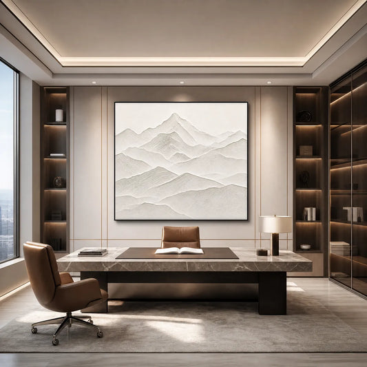 Zenith hand-painted white and soft beige textured abstract mountain painting shown as stretched canvas