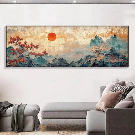 Zen Mountain Sunset hand-painted red and ivory textured mountain landscape painting shown as stretched canvas