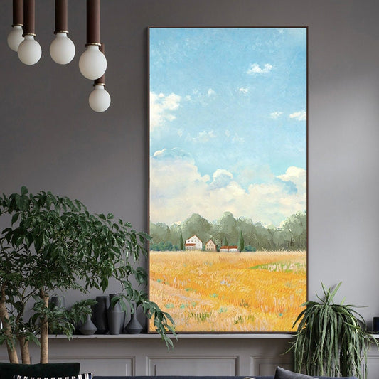 Impressionist Golden Wheat Field and Clouds Oil Painting on Canvas, Original Landscape Canvas Wall Art, Modern Nature Art for Living Room