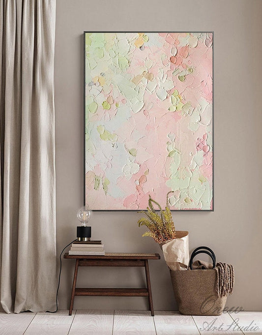 Original Pink and Green Canvas Wall Art, Large Abstract Flower Oil Painting on Canvas, Modern Textured Wall Art for Living Room, Home Decor