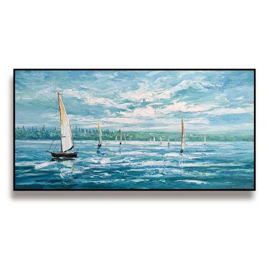 Abstract Seascape Oil Painting on Canvas, Large Original Sailboats Canvas Wall Art, Nautical Wall Art, Modern Ocean Wall Art for Living Room