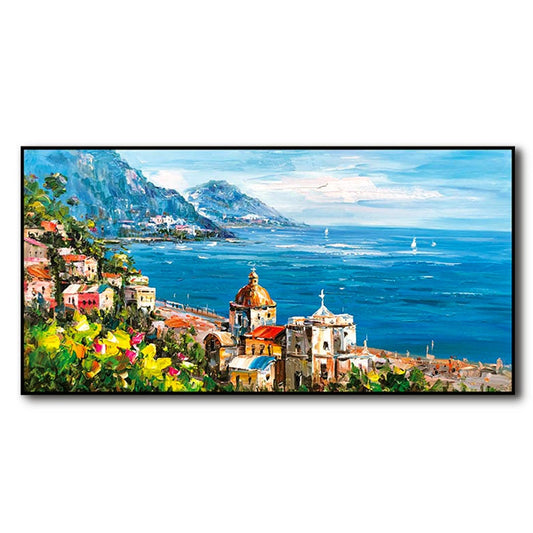 Impressionist Mediterranean-sea Oil Painting on Canvas, Large Original Coastal Cityscape Painting, Modern Seascape Wall Art for Living Room