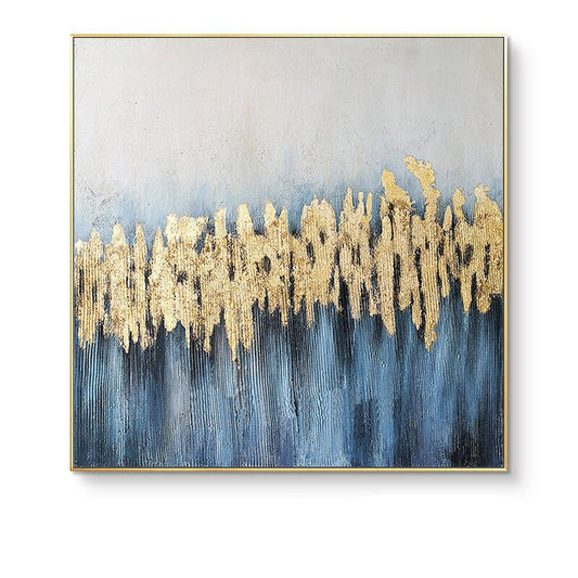Blue and Gold Abstract Oil Painting on Canvas, Large Original Canvas Wall Art, Modern Minimalist Acrylic Painting for Living Room,home Décor