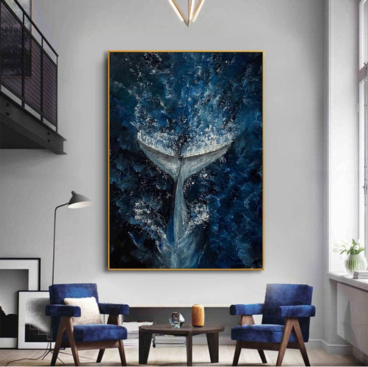 Abstract Whale Tail Oil Painting on Canvas, Original Ocean Canvas Wall Art, Large Sea Waves Wall Art, Modern Animal Painting for Living Room