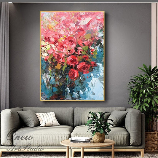 Original Red Roses Canvas Wall Art, Large Impressionist Flower Oil Painting on Canvas, Modern Floral Wall Art for Living Room, Bedroom Décor