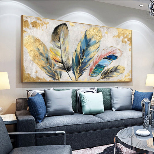 Original Animal Feather Oil Painting on Canvas, Abstract Colorful Feather Canvas Wall Art, Modern Minimalist Artwork for Living Room Bedroom