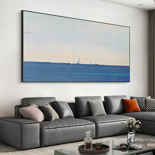 Abstract Seascape Oil Painting on Canvas, Large Original Ocean and Sailboats Canvas Art, Modern Minimalist Nautical Painting for Living Room