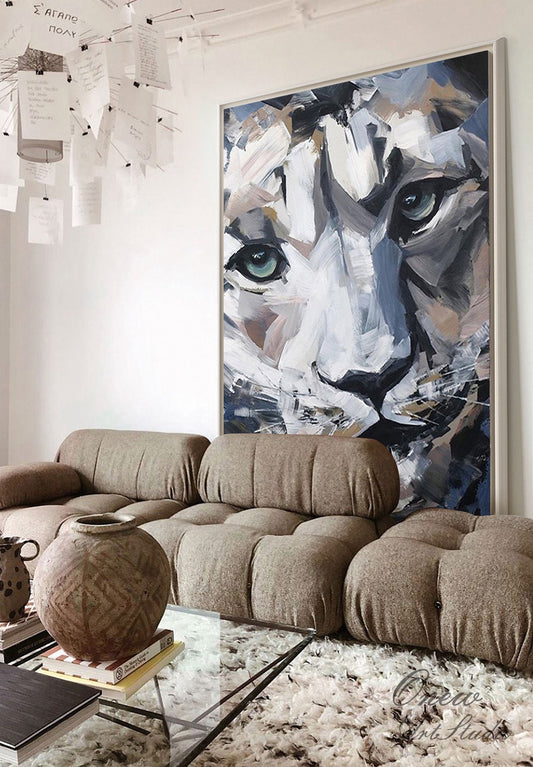 Large Abstract Lion Oil Painting on Canvas, Original Impressionist Lion Canvas Wall Art, Modern Hand-painted Animal Wall Art for Living Room