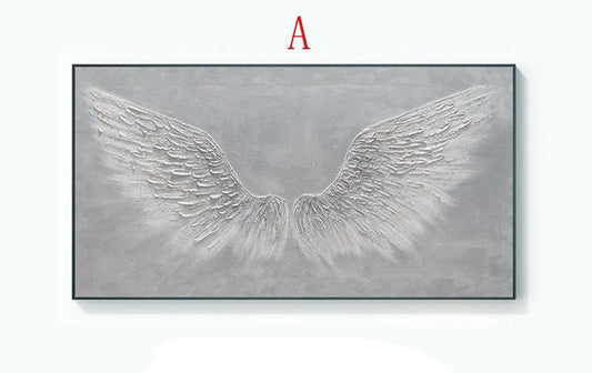 May include: A gray canvas painting with a white textured design of angel wings. The painting is framed in a black frame.