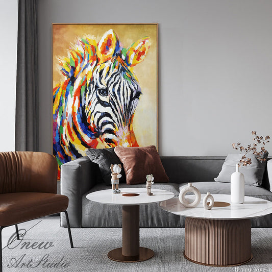 Abstract Colorful Zebra Oil Painting on Canvas, Large Original Zebra Canvas Wall Art, Hand-painted Animal Painting for Living Room Kids Room