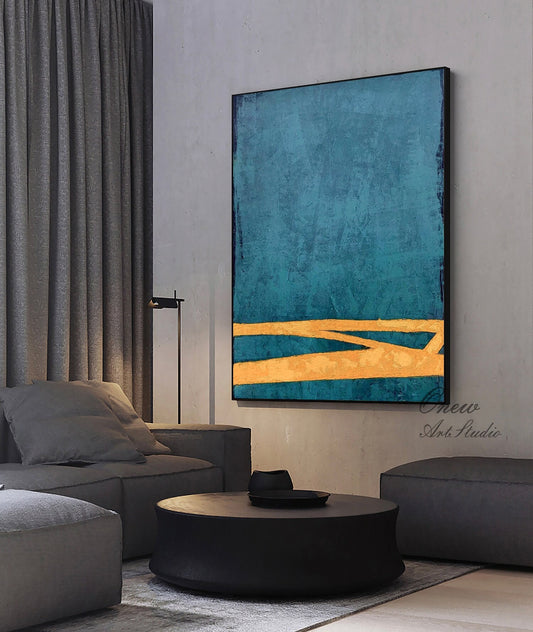 Large Abstract Oil Painting on Canvas, Original Blue and Orange Canvas Wall Art, Modern Minimalist Wall Art for Living Room, Bedroom Decor