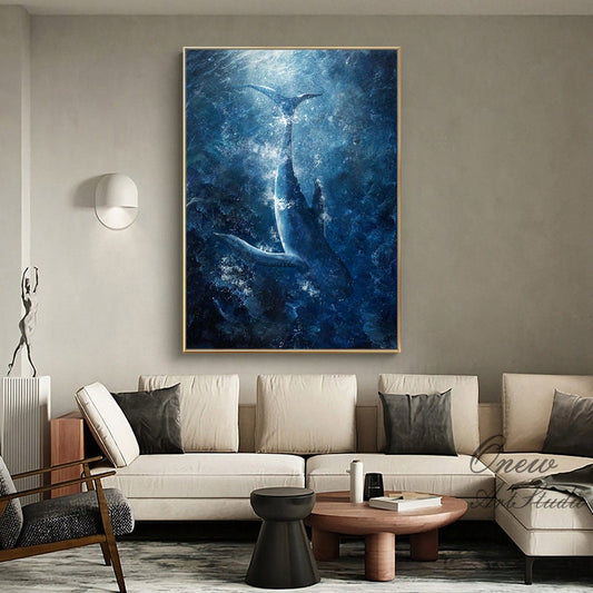Original Whale Oil Painting on Canvas, Large Abstract Ocean Canvas Art, Seascape Painting, Modern Animal Wall Art for Living Room Bedroom