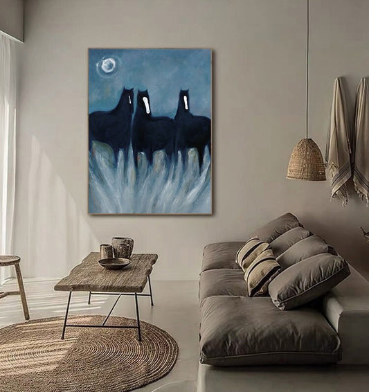 Abstract Black Horses Oil Painting on Canvas, Original Hand-painted Horse Canvas Wall Art, Modern Animal Painting for Living Room,home Décor