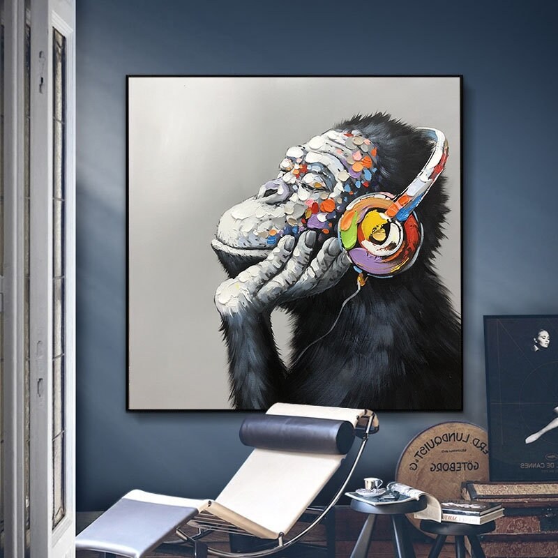 Abstract Monkey Oil Painting On Canvas, Large Original Monkey Canvas Wall Art, Banksy Gorilla Modern Wall Art for Living Room, Bedroom Décor