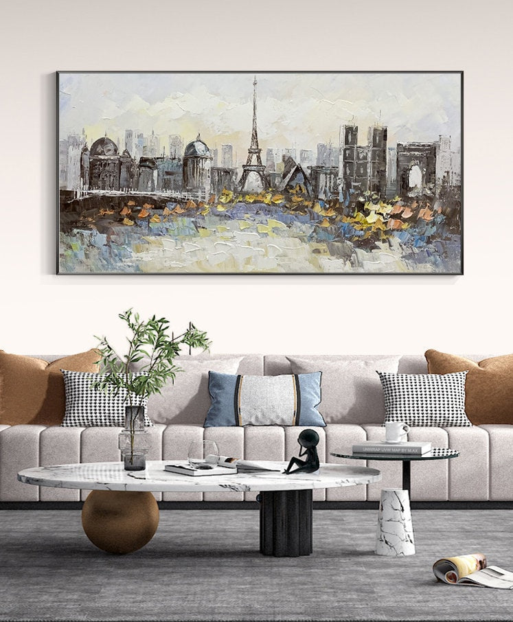 Original Eiffel Tower Canvas Wall Art, Large Abstract Paris Cityscape Oil Painting on Canvas, Modern Textured Urban Painting for Living Room