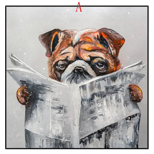 May include: A painting of a brown and white bulldog reading a newspaper. The bulldog is looking down at the newspaper, which is open and has a white background with black text.