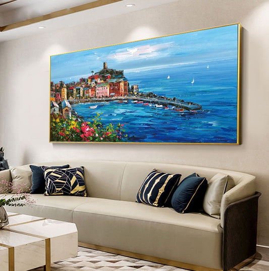 Original Mediterranean-sea Oil Painting on Canvas, Impressionist Coastal Cityscape Canvas Wall Art, Modern Seascape Painting for Living Room