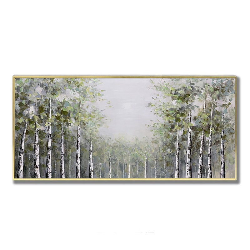May include: A framed painting depicting a misty forest scene with a row of birch trees in the foreground. The trees are painted in shades of green and white, with a soft, hazy background.