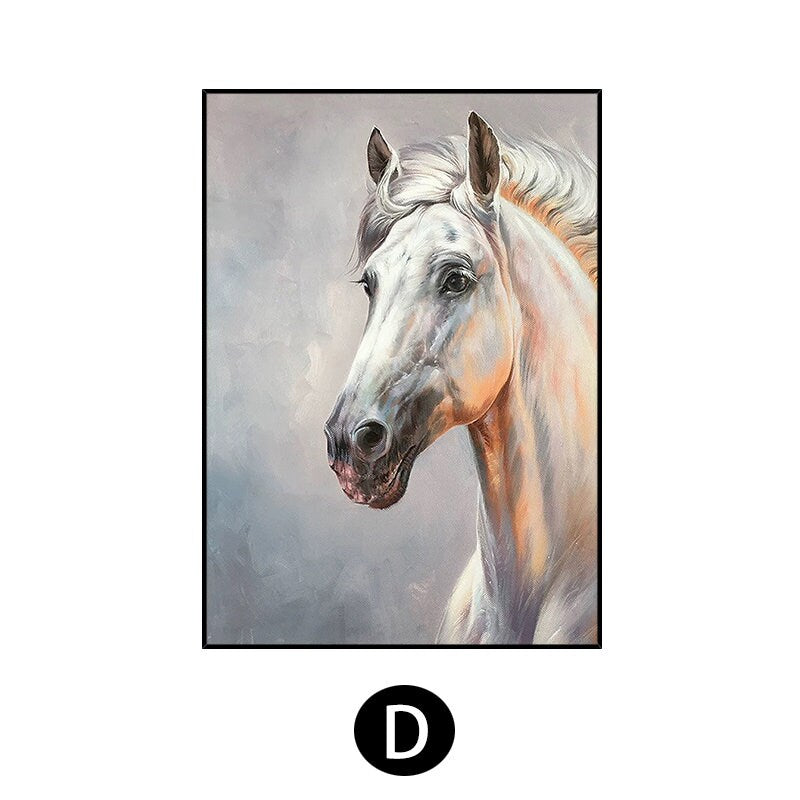 May include: A painting of a white horse's head and neck. The horse has a light brown mane and tail. The background is a light gray.
