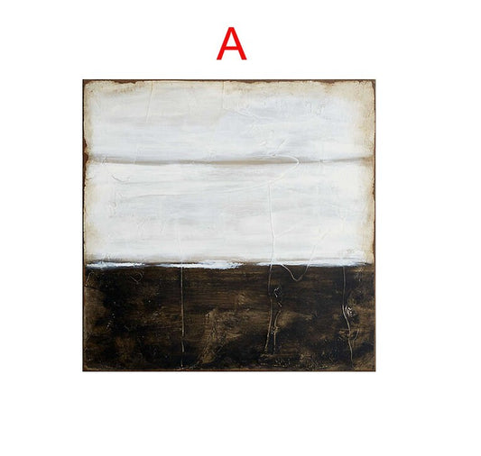 May include: Abstract painting with a white top half and a dark brown bottom half. The painting has a textured surface and a horizontal line separating the two colors.