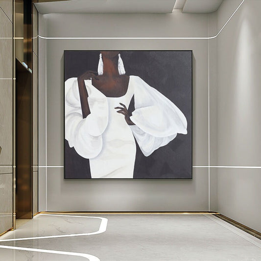 Abstract Black Woman Figure Canvas Wall Art, Modern African Woman Oil Painting on Canvas, Large Minimalist Figure Wall Art for Living Room