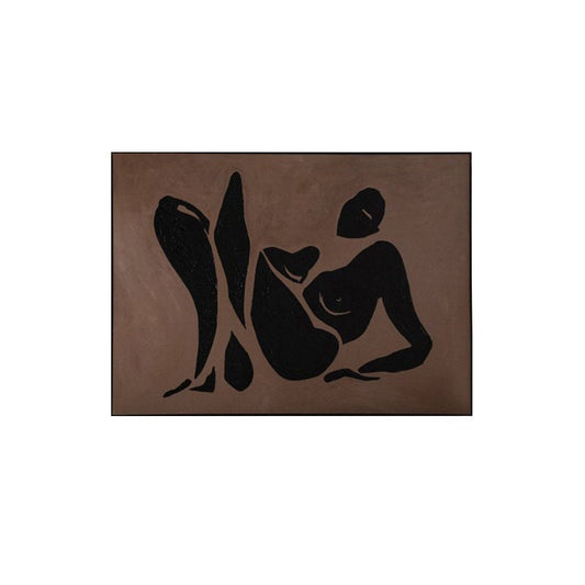 May include: A black silhouette of a person lying down on a brown background. The person's legs are crossed and their arms are outstretched.