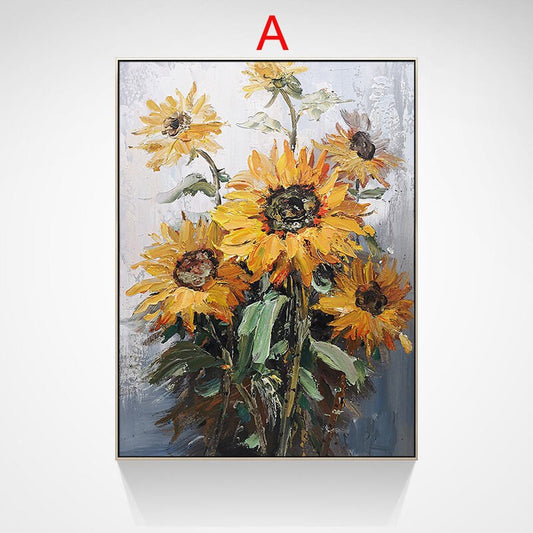 May include: A painting of a bouquet of sunflowers in shades of yellow and brown with green leaves against a light gray background.