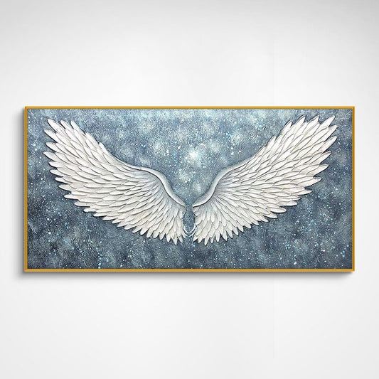 May include: A framed canvas painting of white angel wings against a blue and white starry background.